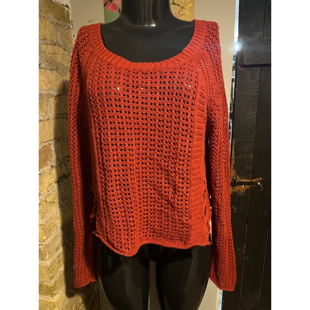 Dark Orange Crochet Aerie Cropped Long Sleeve Sweater